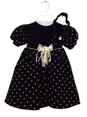 DIMPLES black with gold Polka dots Party girls dress & headband with bow sz 2T